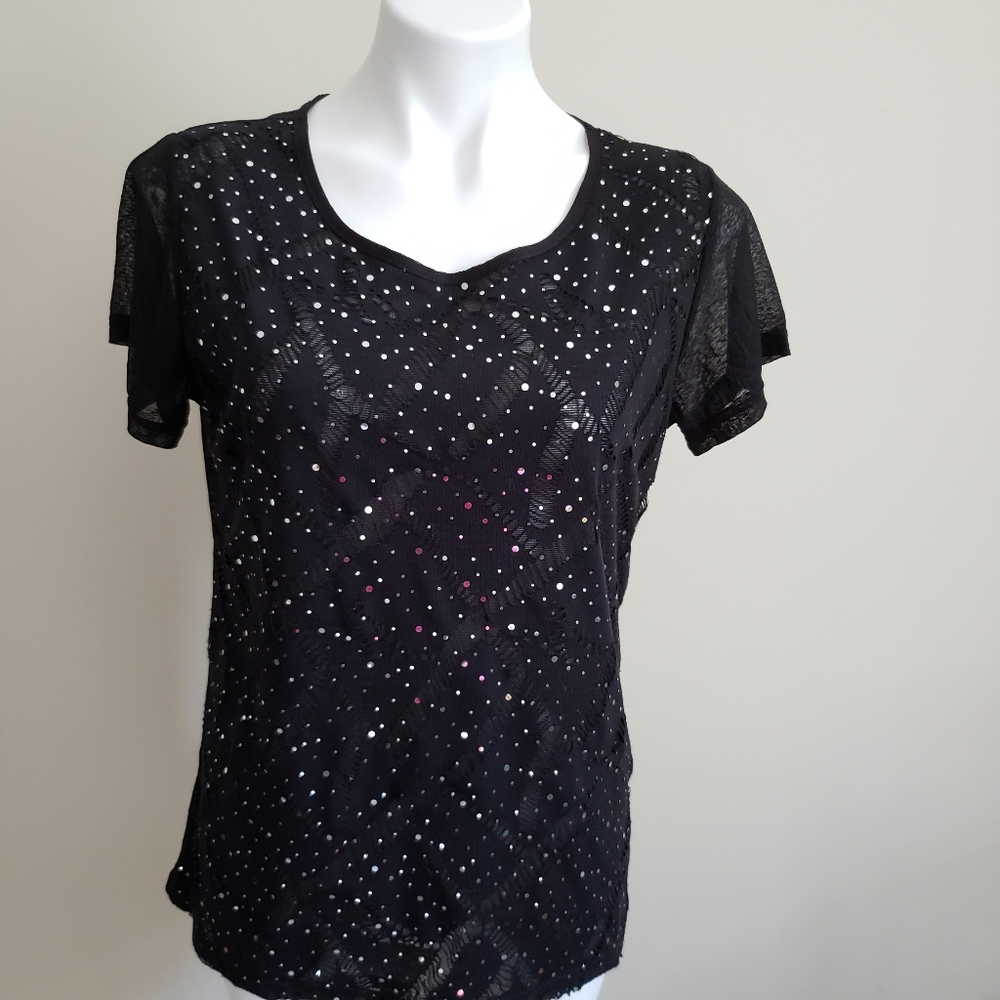 Style 101 XL Black Sequin Cap Sleeve Shirt Sheer Back And Sleeves